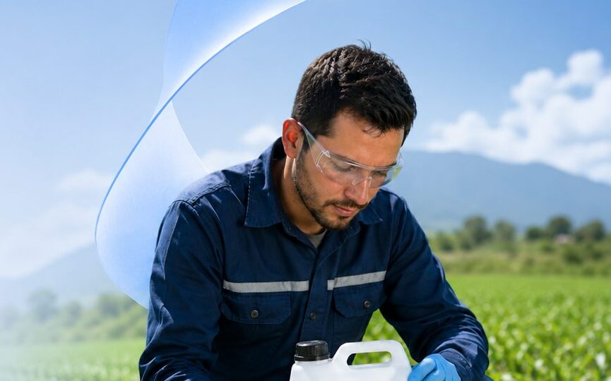 Técnico agrícola con un bidón en un cultivo de maíz
