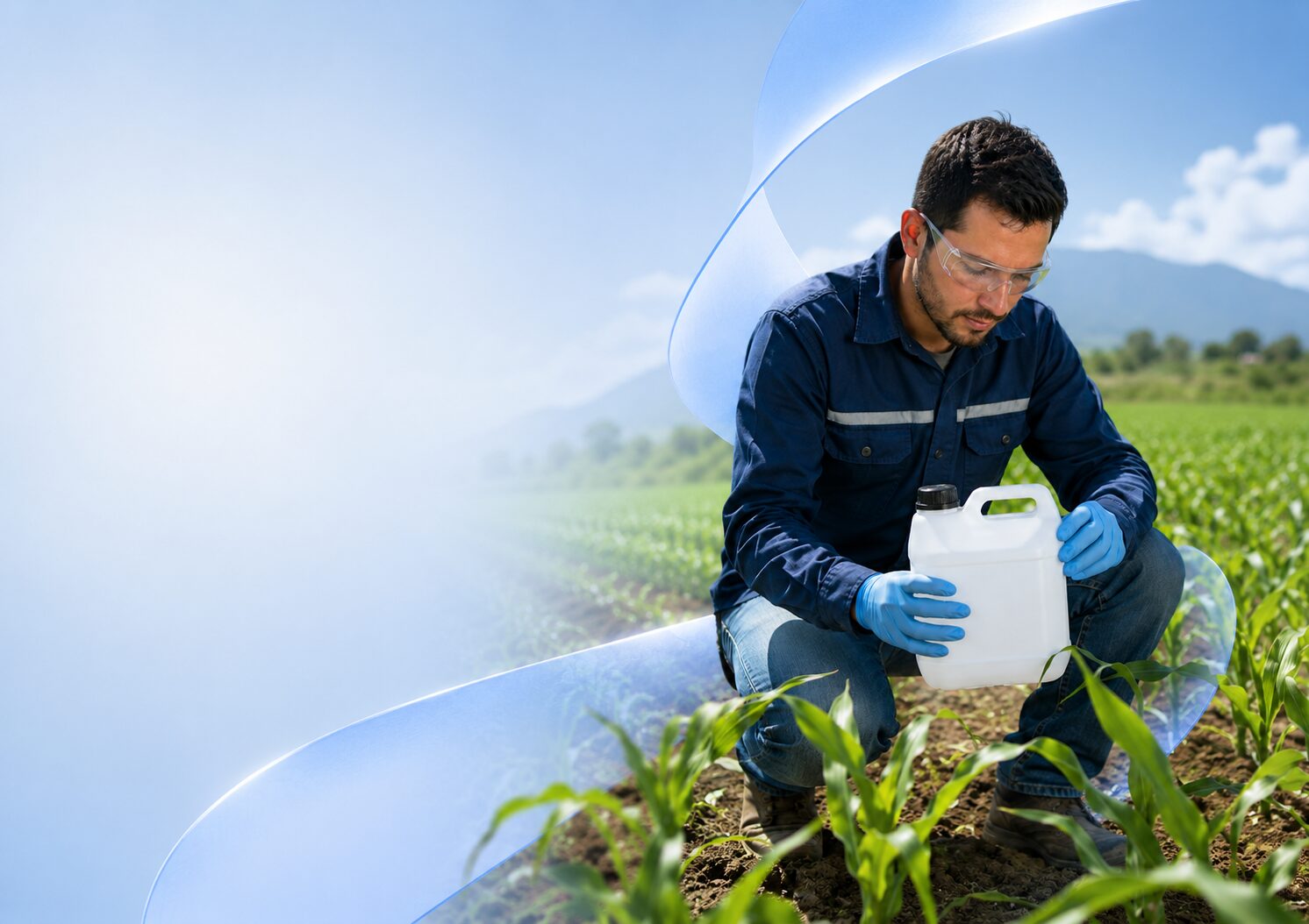 Técnico agrícola revisando un bidón en un cultivo de maíz