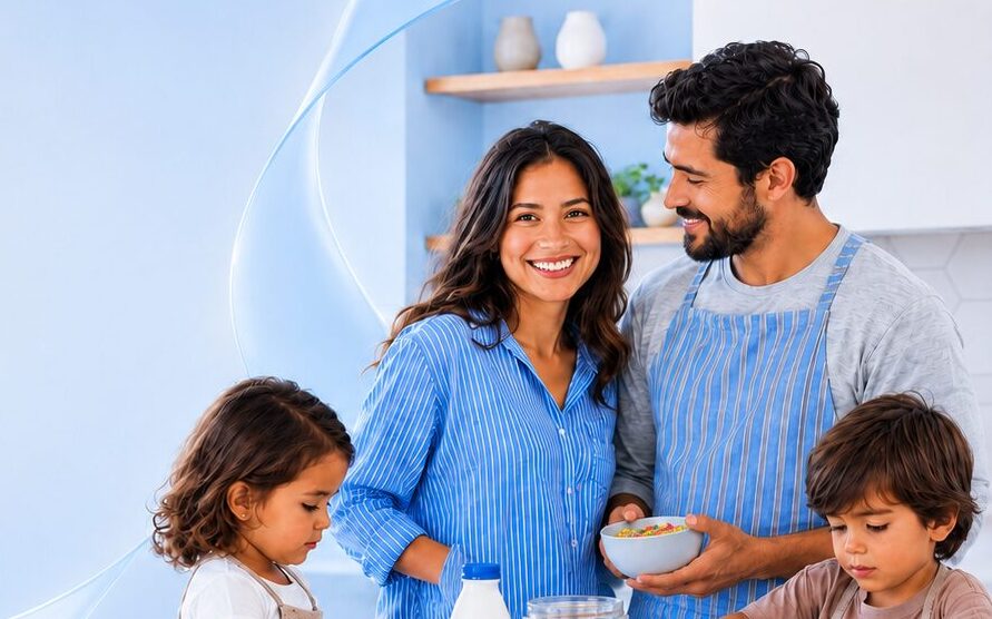 Familia desayunando con envases lácteos sobre la mesa