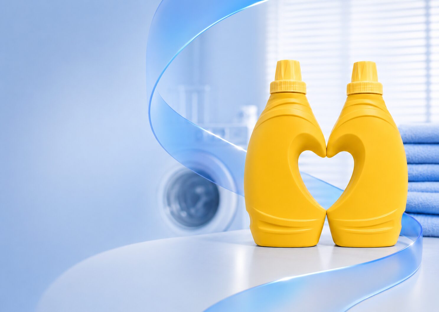 Envases de detergente y suavizante junto a una lavadora