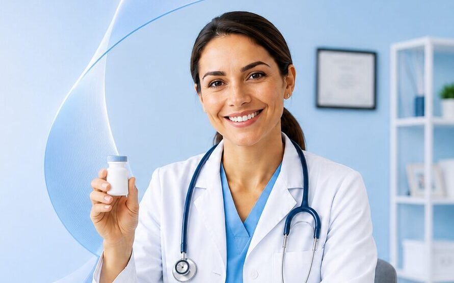 Profesional de la salud con un envase farmacéutico